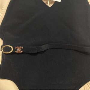 CHANEL Black Halter Swimsuit with Gold CC Buckle
